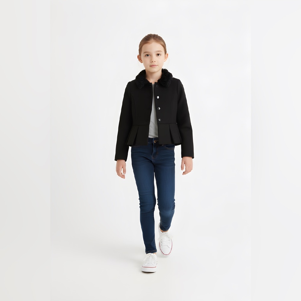Kids Black Jacket With Faux Fur Collar